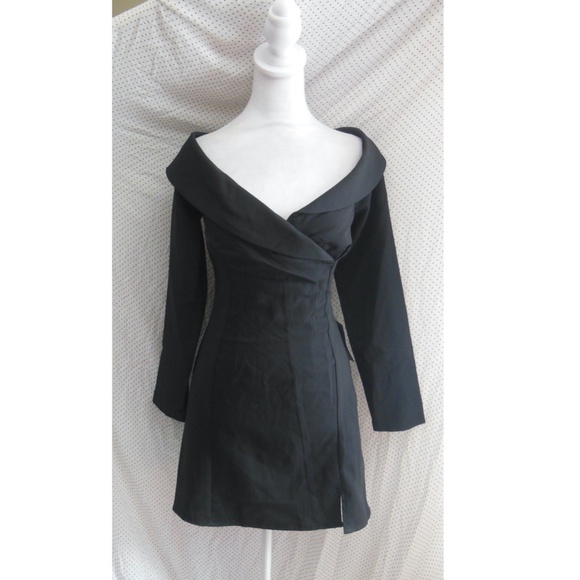 NEW ASTR Label BLACK Off The Shoulder TUXEDO COLLAR Long Sleeve COCKTAIL DRESS S - Picture 3 of 11
